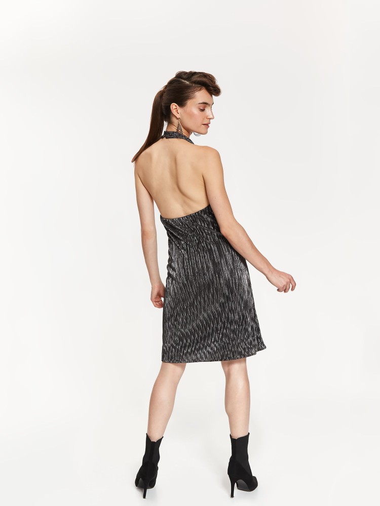 Srebrna sukienka plisowana, z dekoltem halter, z odkrytymi plecami