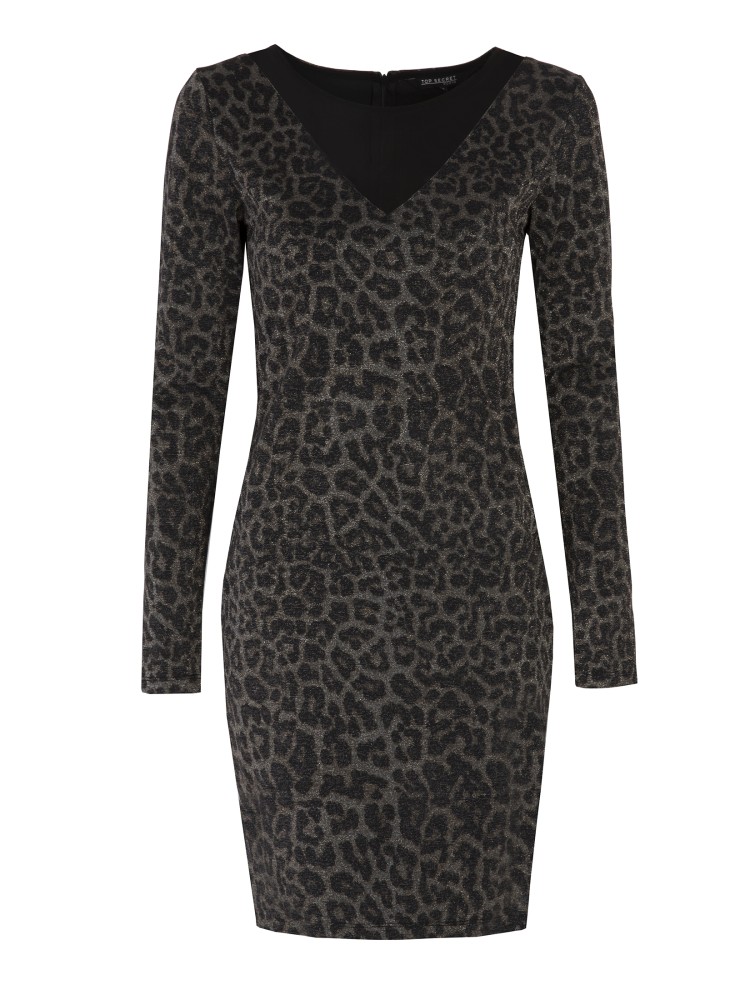 Sukienka w panterkę z łączonych materiałów