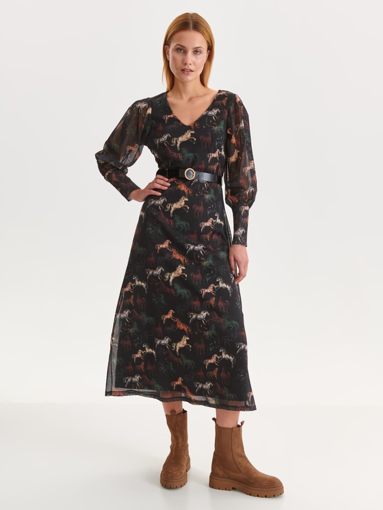 Sukienka z bufiastymi rękawami, z nadrukiem w konie