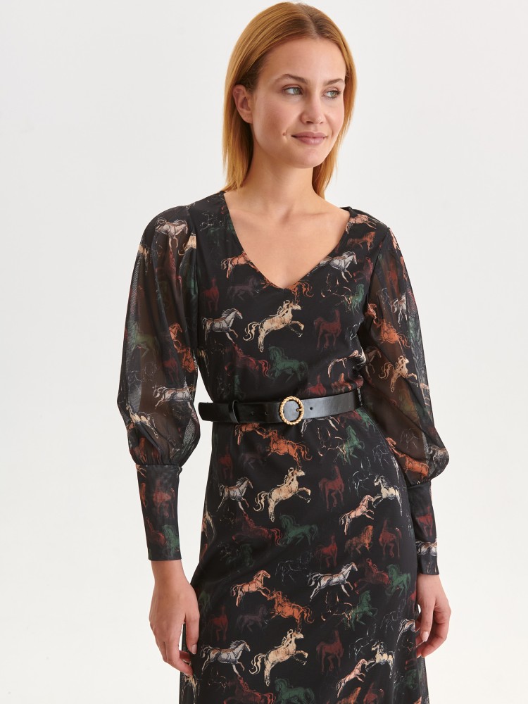 Sukienka z bufiastymi rękawami, z nadrukiem w konie