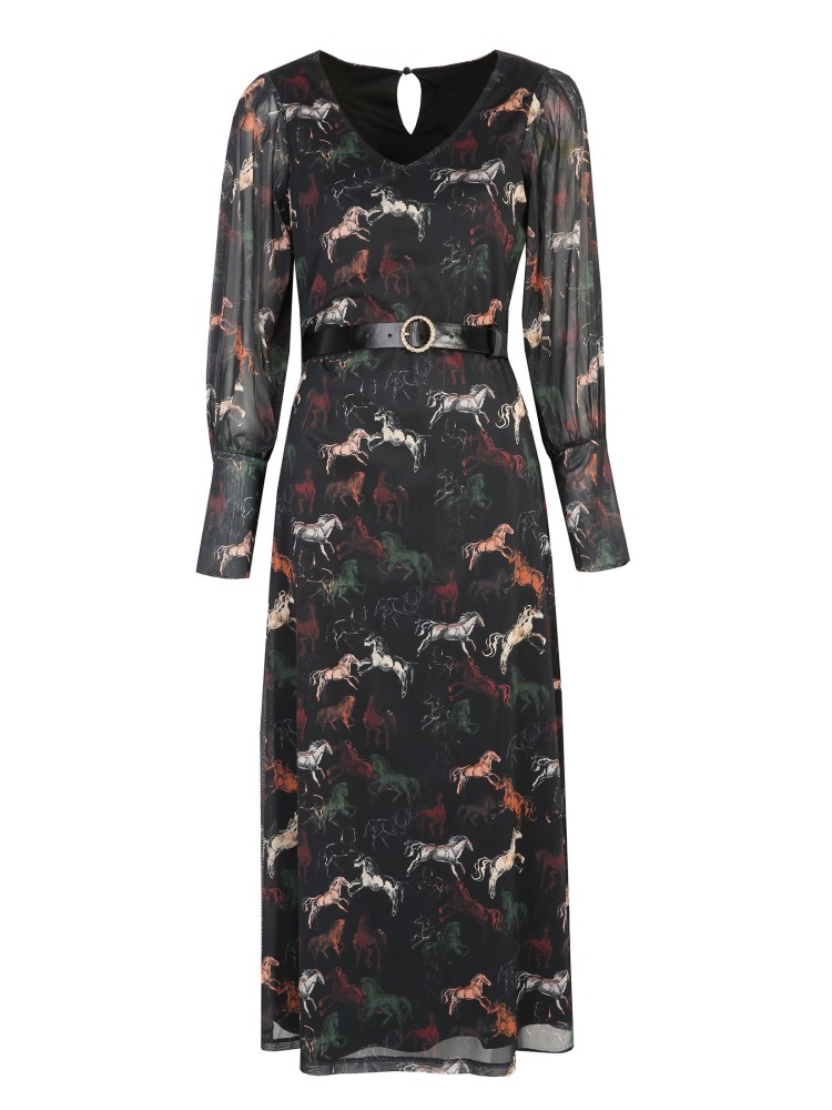 Sukienka z bufiastymi rękawami, z nadrukiem w konie