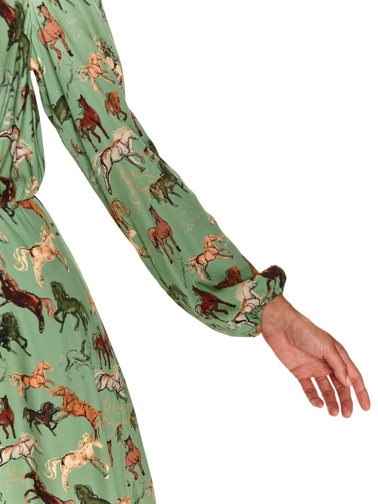 Sukienka maxi z długim rękawem w nadruk w konie