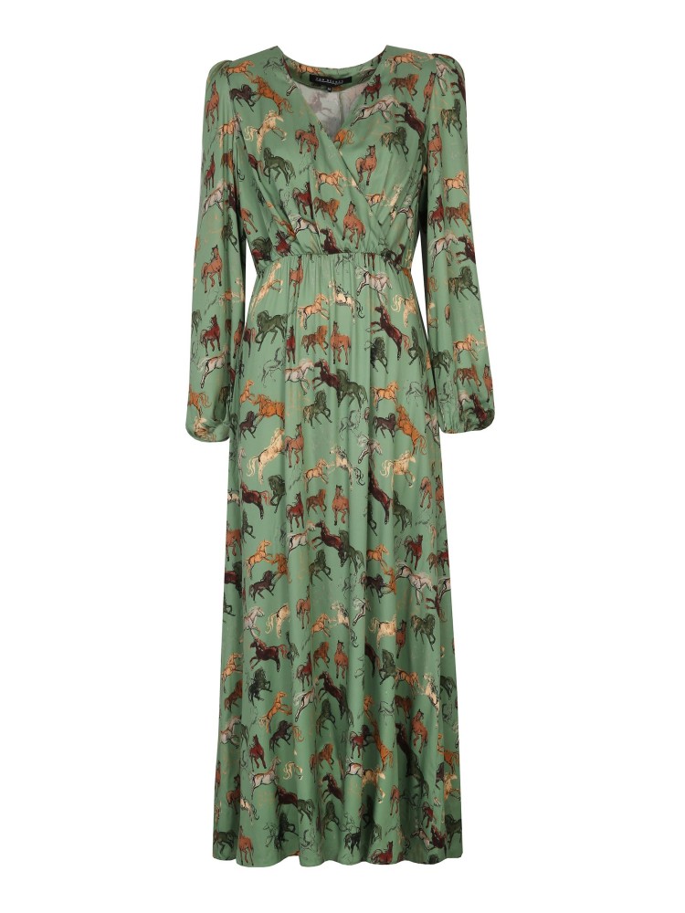 Sukienka maxi z długim rękawem w nadruk w konie