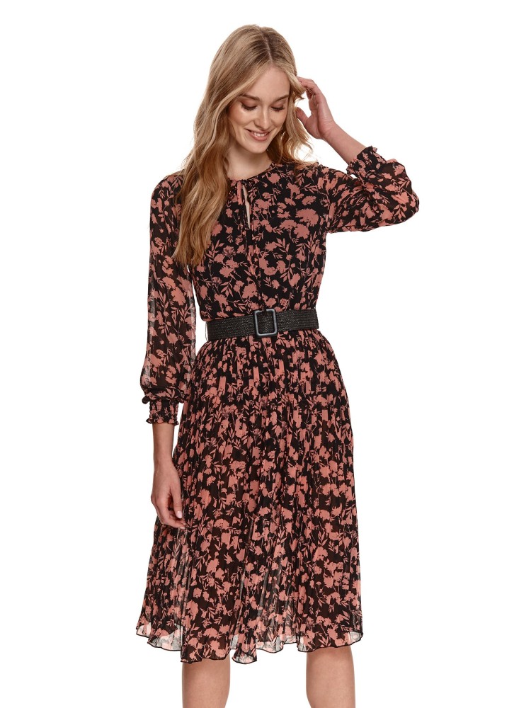 Wzorzysta sukienka midi z wiązaniem przy szyi