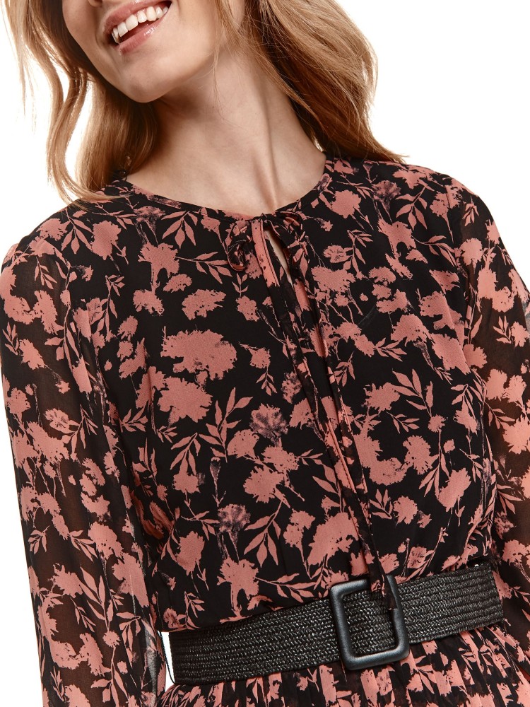 Wzorzysta sukienka midi z wiązaniem przy szyi