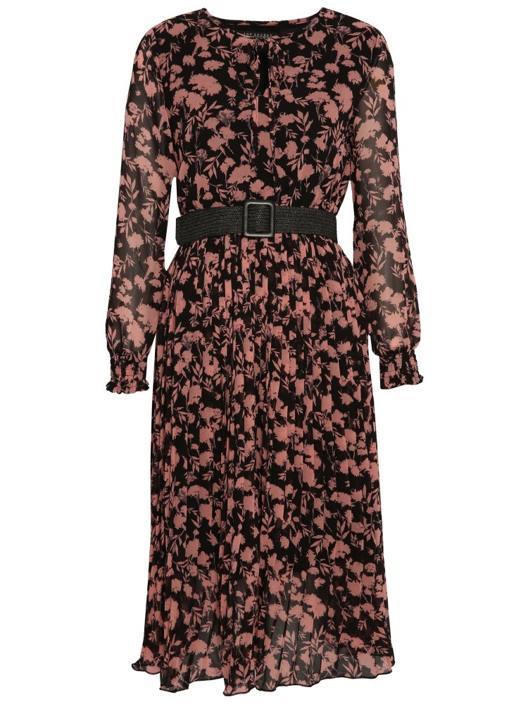 Wzorzysta sukienka midi z wiązaniem przy szyi