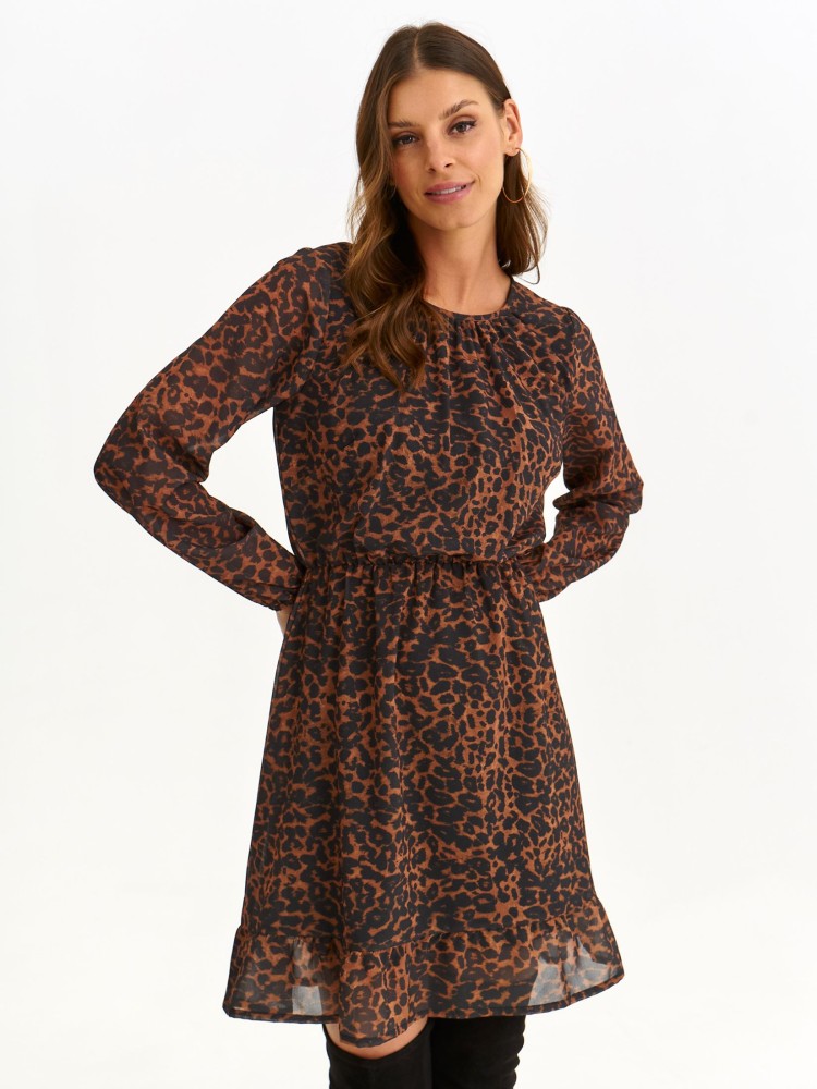 Sukienka z falbaną i bufiastymi rękawami w panterkę Sukienka z falbaną i bufiastymi rękawami w panterkę