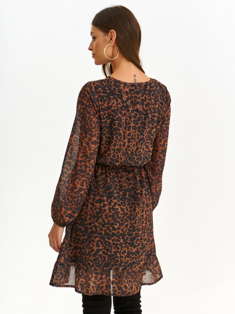 Sukienka z falbaną i bufiastymi rękawami w panterkę Sukienka z falbaną i bufiastymi rękawami w panterkę