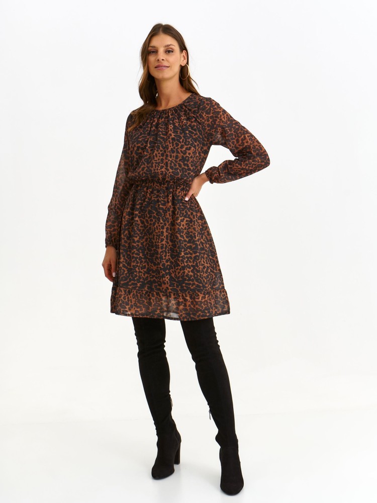 Sukienka z falbaną i bufiastymi rękawami w panterkę Sukienka z falbaną i bufiastymi rękawami w panterkę