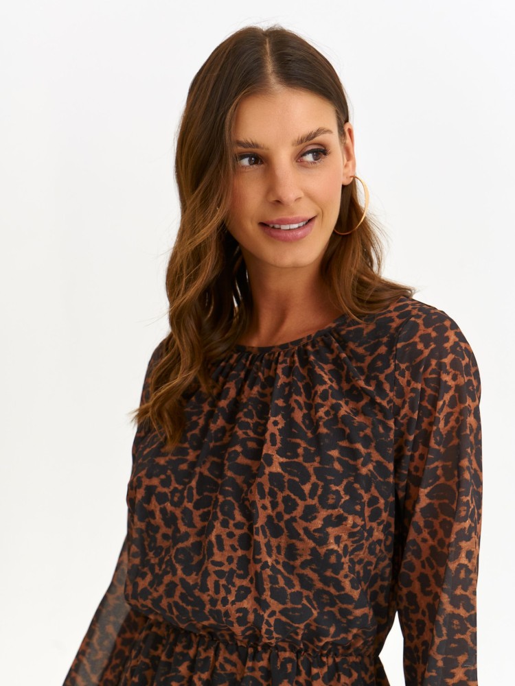 Sukienka z falbaną i bufiastymi rękawami w panterkę Sukienka z falbaną i bufiastymi rękawami w panterkę