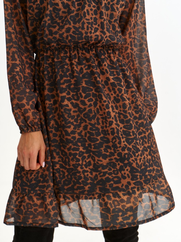 Sukienka z falbaną i bufiastymi rękawami w panterkę Sukienka z falbaną i bufiastymi rękawami w panterkę