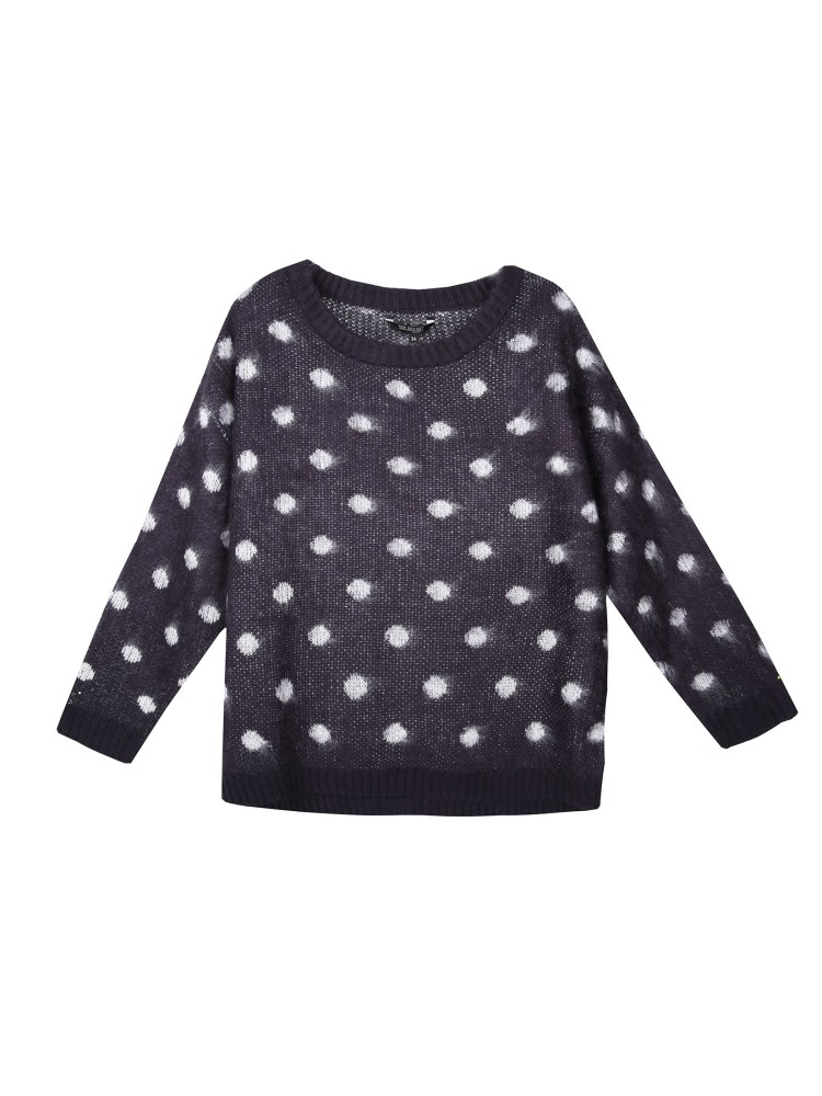 Pudełkowy sweter damski w kropki z dekoltem w łódkę