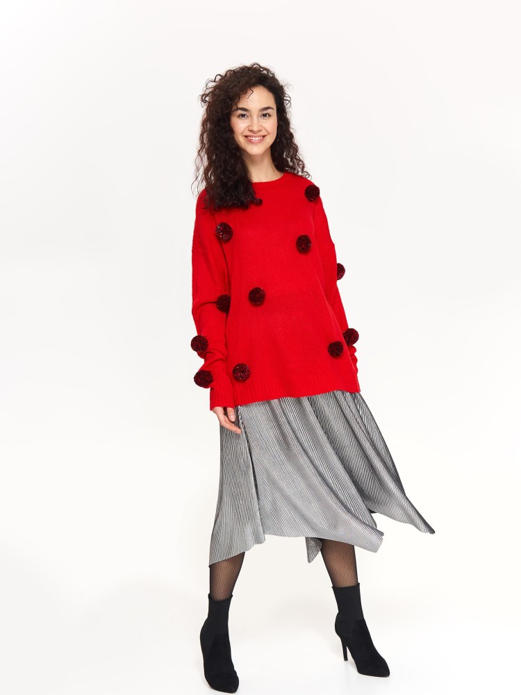 Sweter damski zdobiony pomponami w kontrastowym kolorze