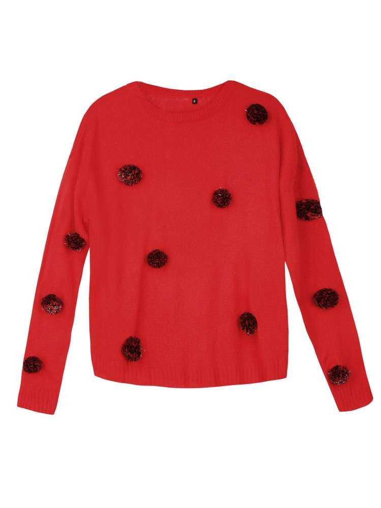 Sweter damski zdobiony pomponami w kontrastowym kolorze
