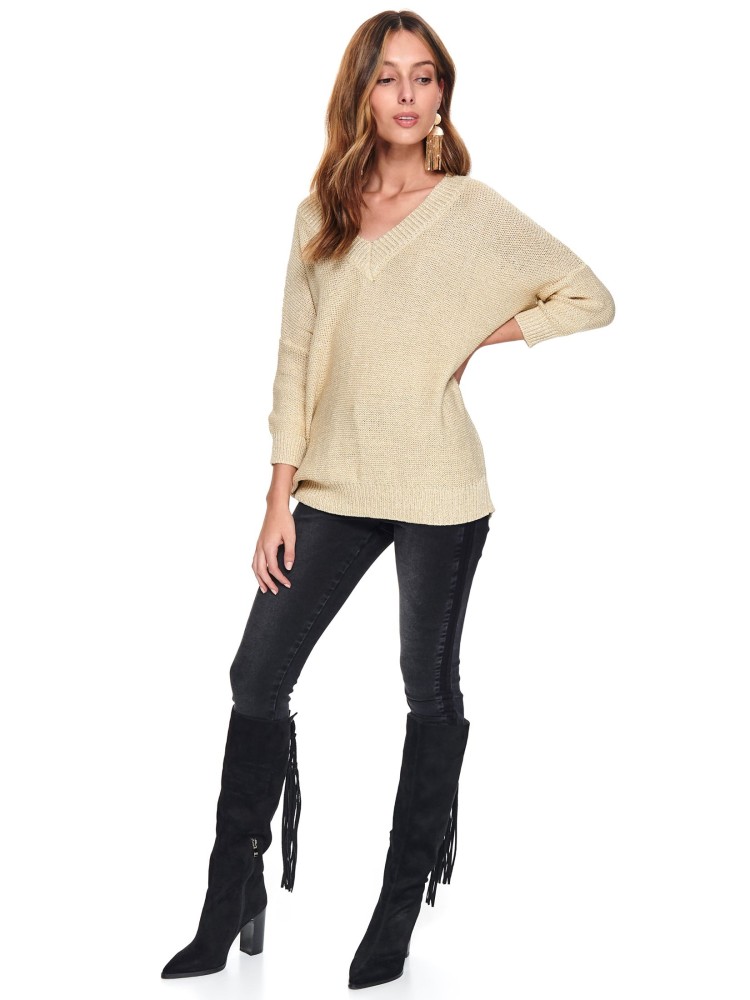 Połyskujący damski sweter w serek o luźnym kroju