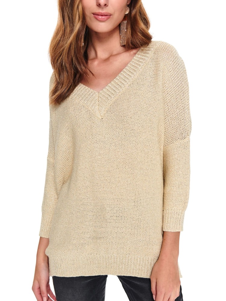 Połyskujący damski sweter w serek o luźnym kroju