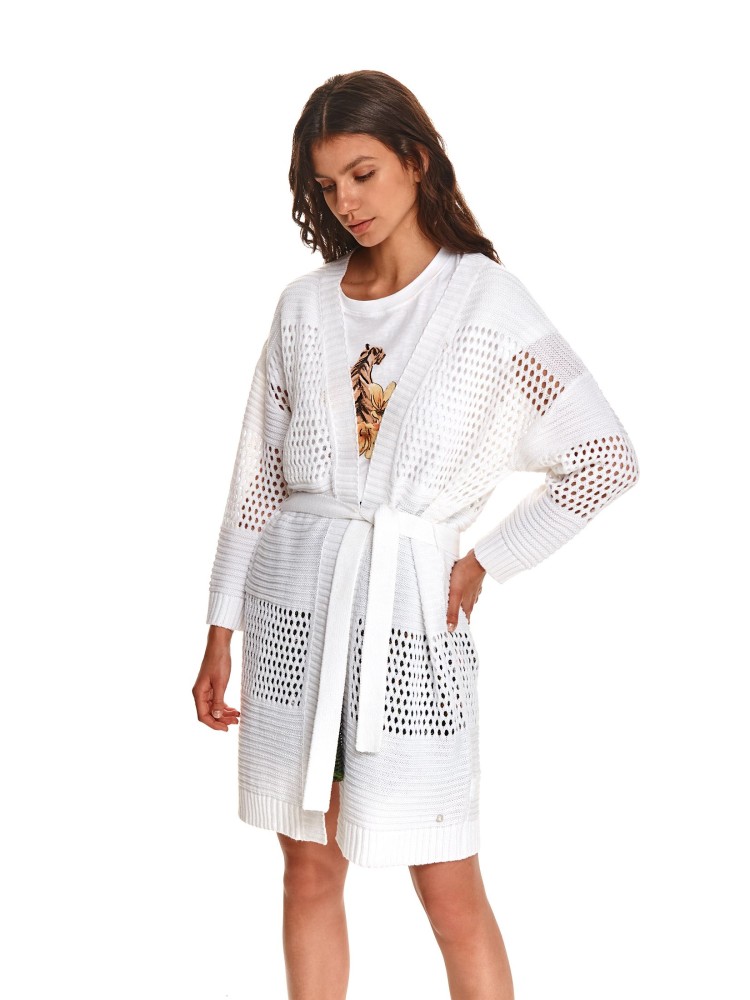 Długi kardigan damski z ażurowymi wstawkami i wiązaniem