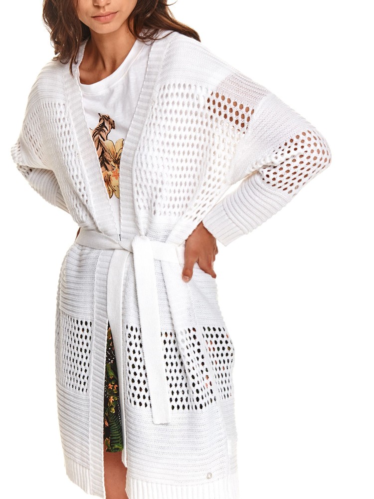 Długi kardigan damski z ażurowymi wstawkami i wiązaniem