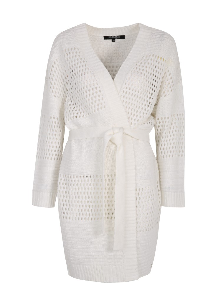 Długi kardigan damski z ażurowymi wstawkami i wiązaniem