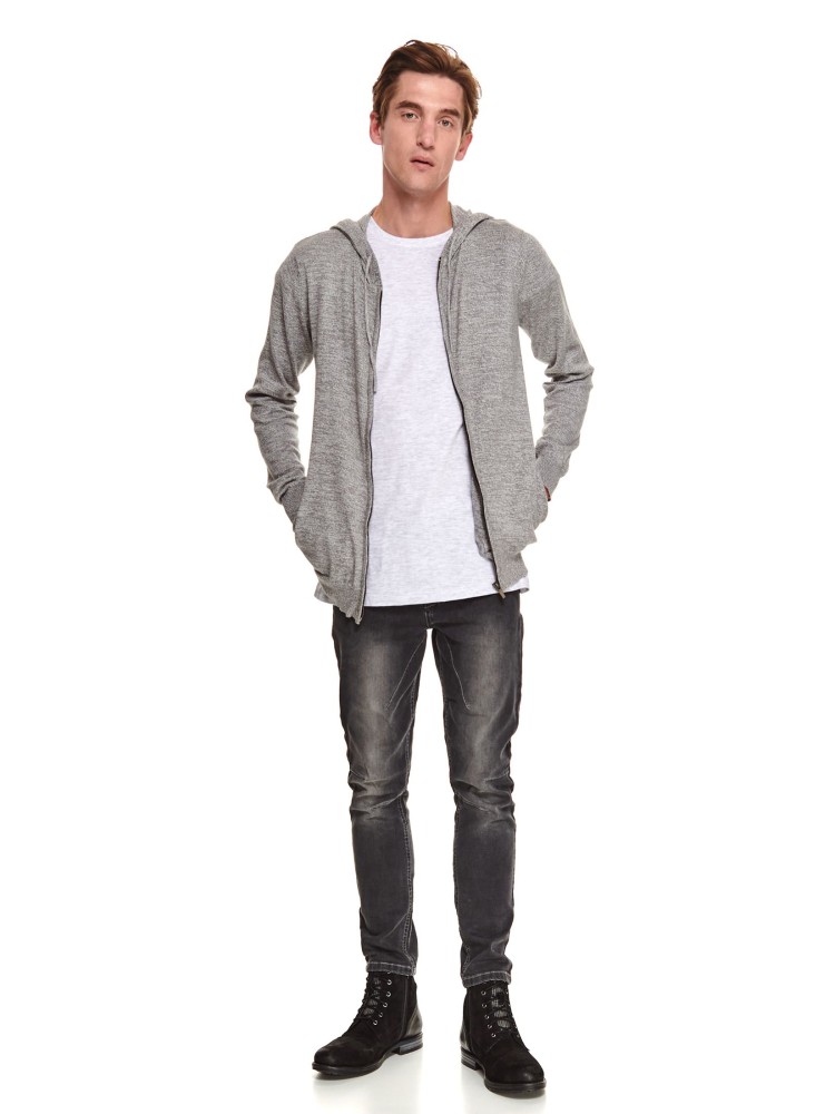 Sweter z cienkiej dzianiny na suwak z kapturem 