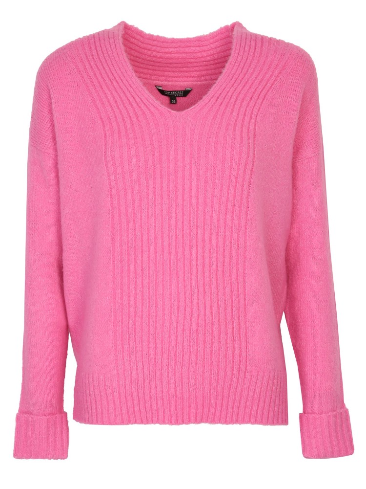 Różowy sweter damski z dekoltem w serek