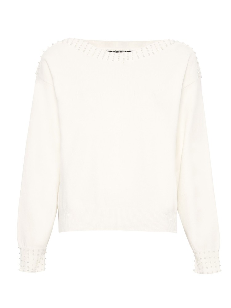 Biały sweter z ozdobnymi koralikami