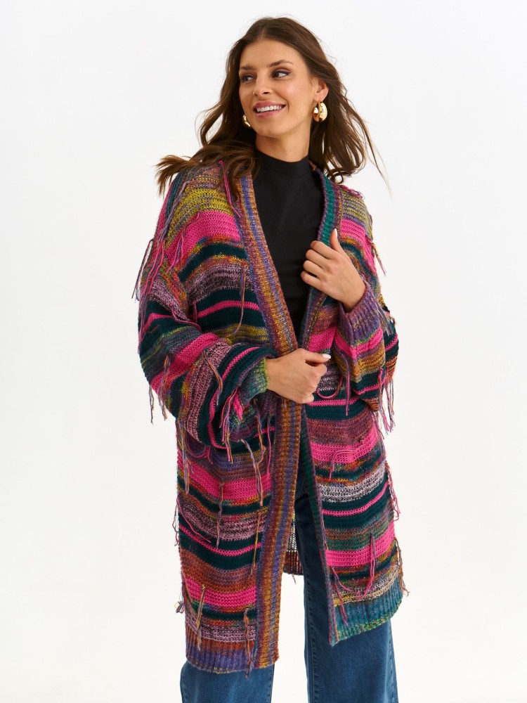 Kolorowy kardigan z ozdobnymi frędzlami