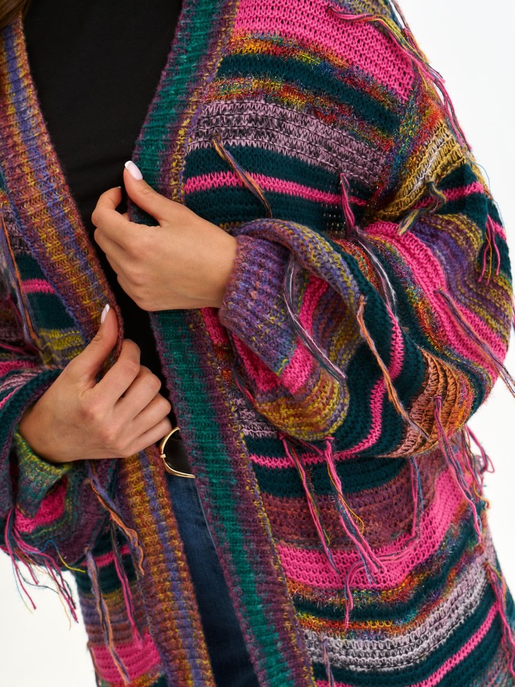 Kolorowy kardigan z ozdobnymi frędzlami