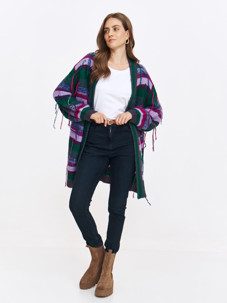Stylowy kardigan w kolorowe paski z ozdobnymi nitkami Stylowy kardigan w kolorowe paski z ozdobnymi nitkami