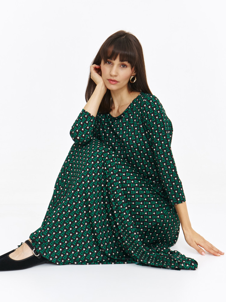 Rozkloszowana sukienka midi z zielonym printem