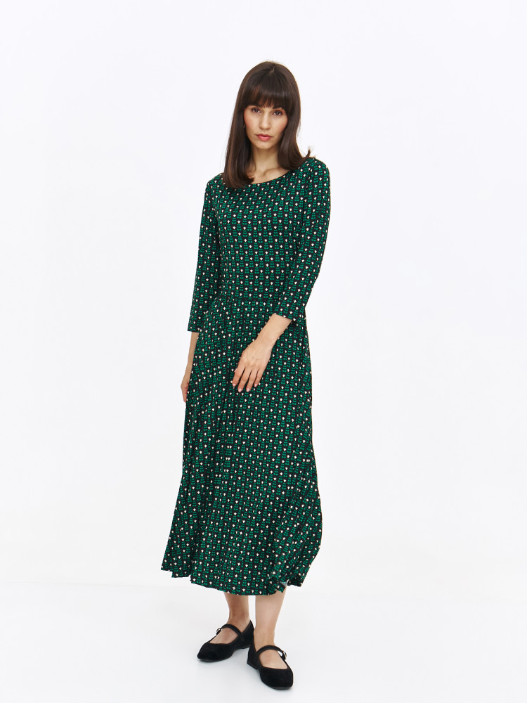 Rozkloszowana sukienka midi z zielonym printem