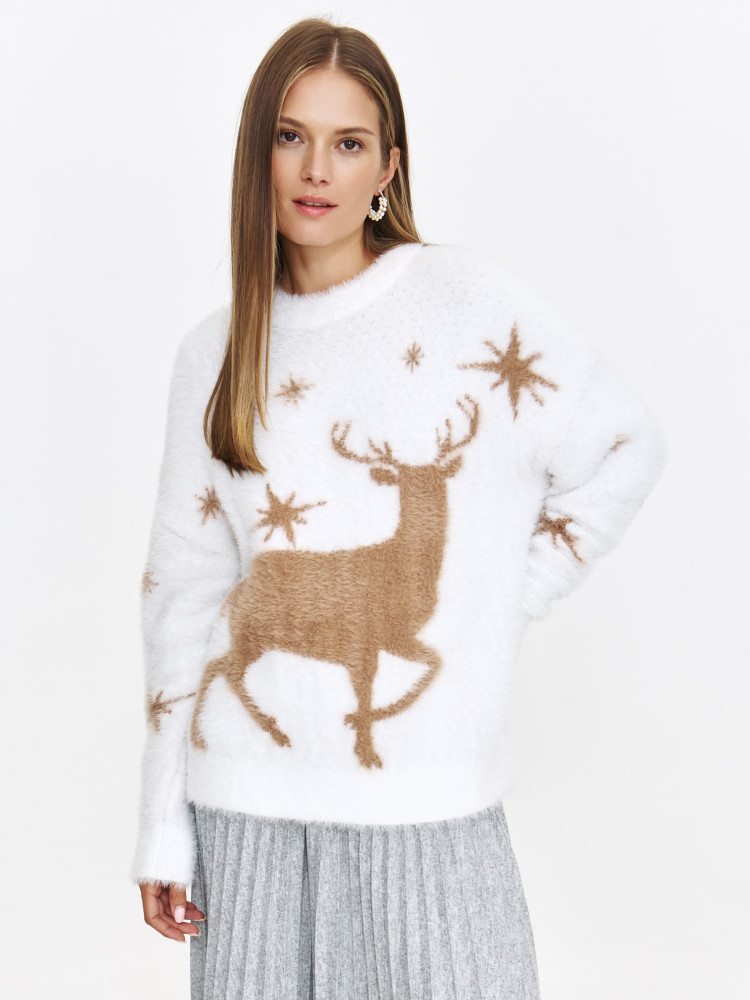 Sweter z puszystej dzianiny z motywem jelenia