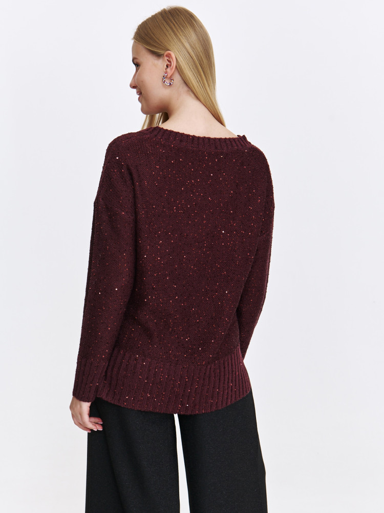 Bordowy sweter z błyszczącą nitką , z dłuższym tyłem  Bordowy sweter z błyszczącą nitką , z dłuższym tyłem