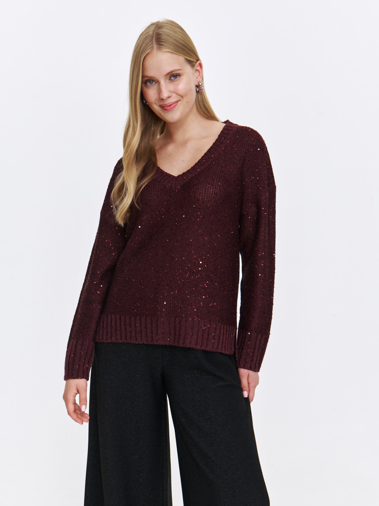 Bordowy sweter z błyszczącą nitką , z dłuższym tyłem  Bordowy sweter z błyszczącą nitką , z dłuższym tyłem
