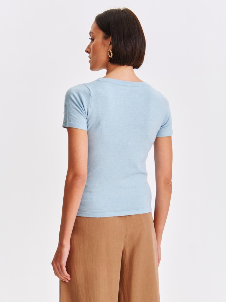 Cienki błękitny sweter damski z krótkim rękawem