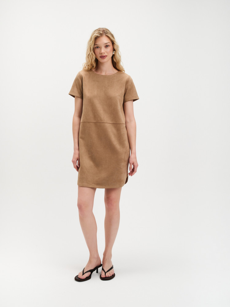 Beżowa mini sukienka z imitacji zamszu 