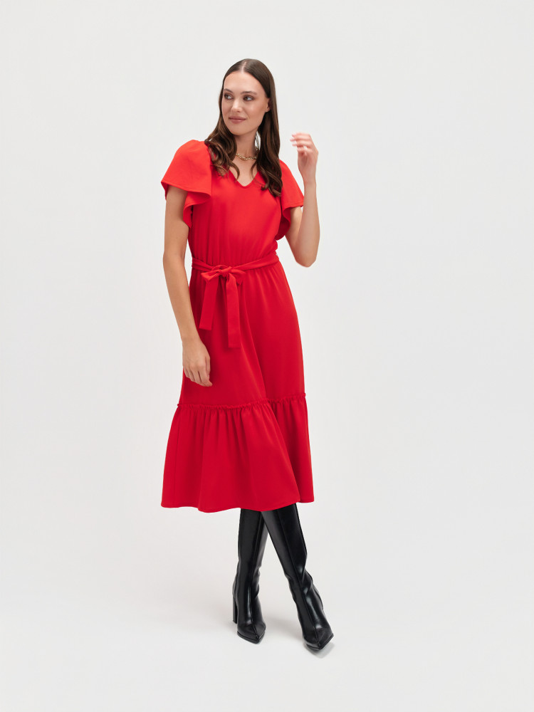 Czerwona midi sukienka z wiązaniem w talii 