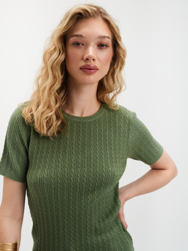 Zielony sweter z fakturą z krótkim rękawem 