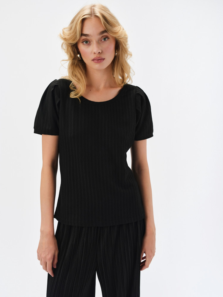 Top w prążek z bufiastym rękawem 