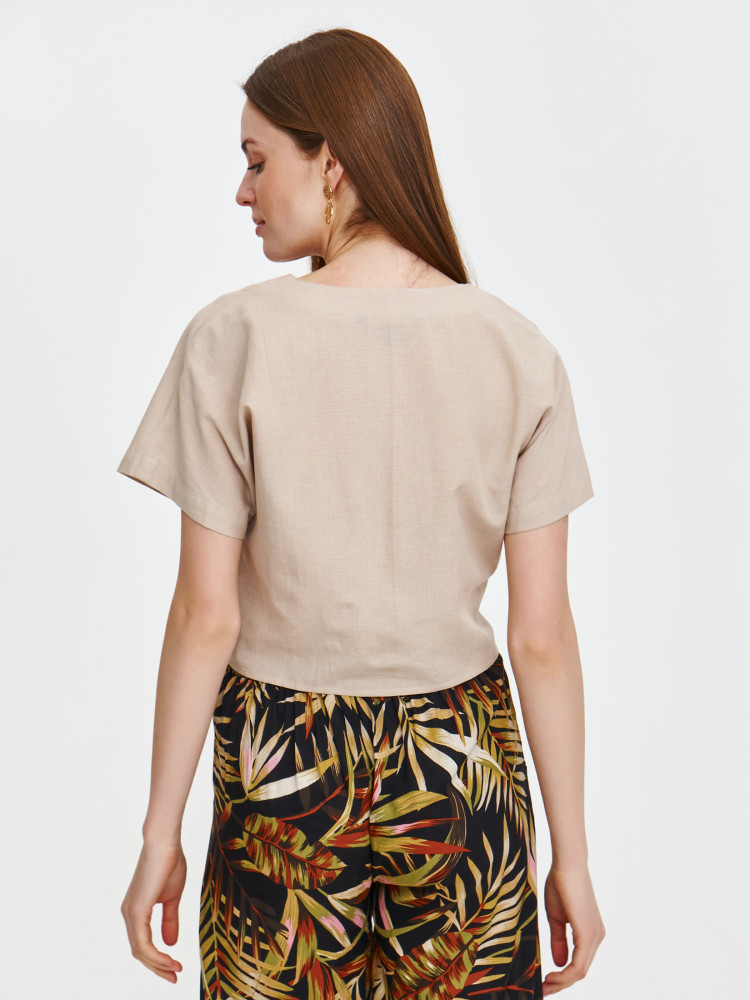 Beżowa bluzka z krótkim rękawem z domieszką lnu 