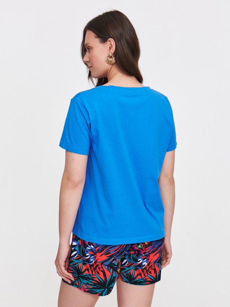 Granatowa bluzka z połyskującym napisem 