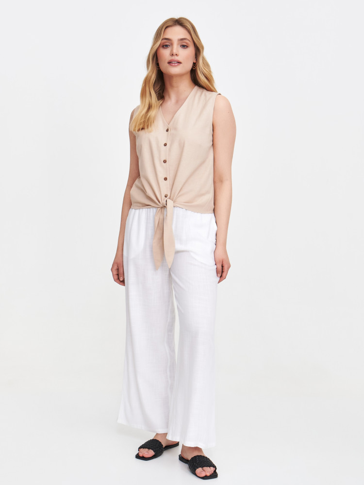 Beżowa bluzka z wiskozy z wiązaniem  Beżowa bluzka z wiskozy z wiązaniem