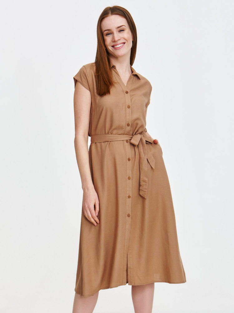 Wiskozowo-lniana sukienka koszulowa w kolorze beżowym 