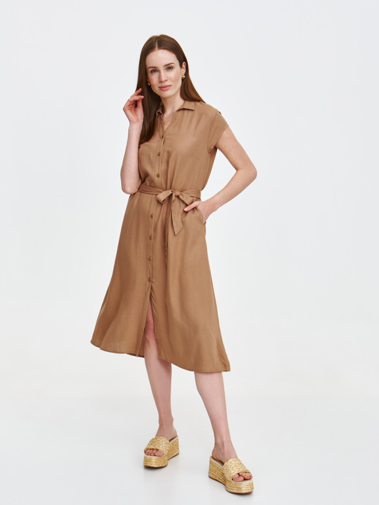 Wiskozowo-lniana sukienka koszulowa w kolorze beżowym 