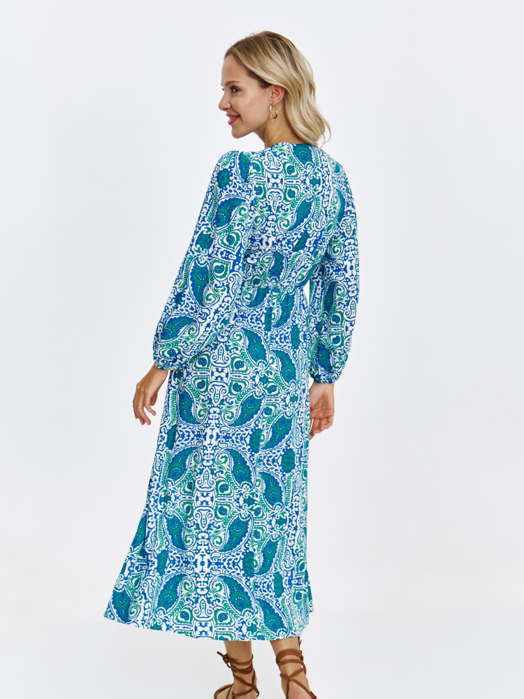 Wzorzysta sukienka midi z wiązaniem przy dekolcie 