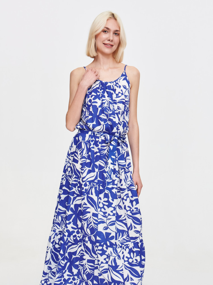 Sukienka z wiązaniem w biało-niebieskie kwiaty 