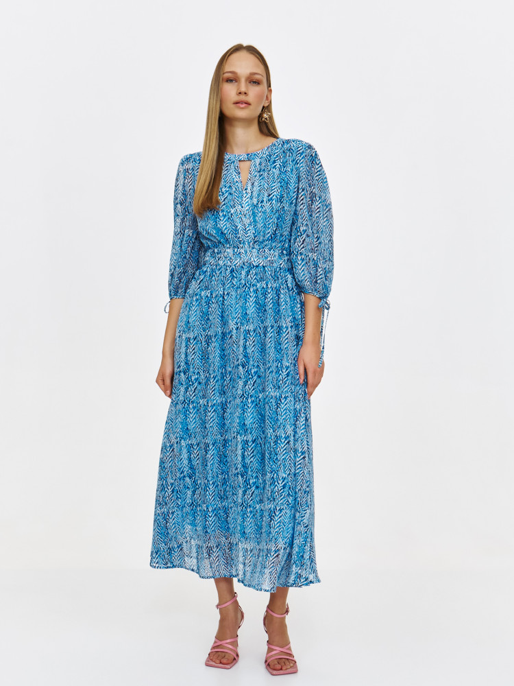 Wzorzysta sukienka midi z elastyczną gumą w talii 