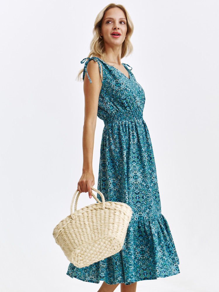 Wzorzysta niebieska sukienka na ramiączkach 