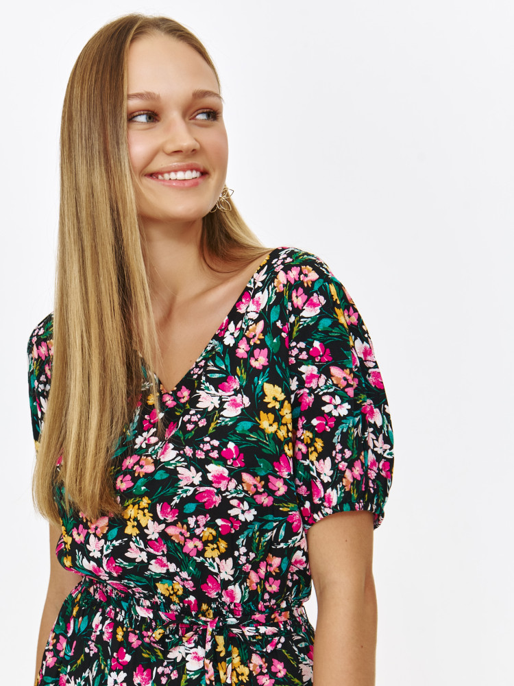 Sukienka midi z dekoltem V-neck w drobne kwiaty  Sukienka midi z dekoltem V-neck w drobne kwiaty