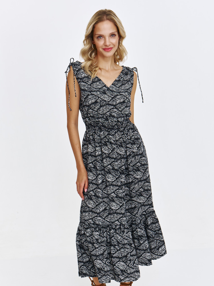 Czarna sukienka z printem w białe liście 